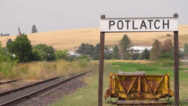 The sign at the historical town of Potlatch in Idaho. The town was once a lumber town owned by Potlatch Corp. and once had a significant timber operation and rail yard.