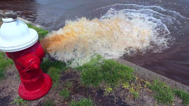 A low angle shot of a red and white fire hydrant spraying rusty water onto the street on a sunny day. Filmed in slow motion, the camera tilted down, dolly in towards the hydrant.