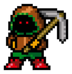 Fototapeta premium Game character dwarf, pixel graphics, 8 bits, vector image. Dwarf in the hood with the tool in his hand. Animated hero. Eyes glow, legs apart. It is painted in different colors: orange, green, brown.