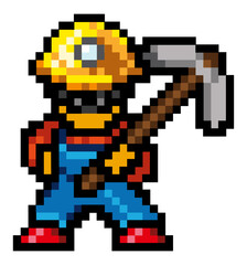 Fototapeta premium pixel icon of the hero of the game, the hero is in a builder's suit, on his head is a yellow helmet with a flashlight. Tool in hands 