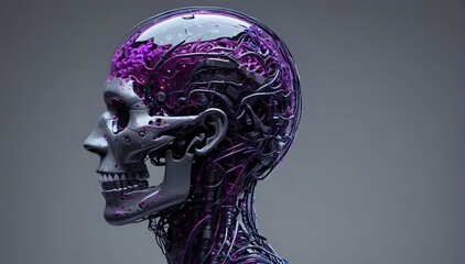 Futuristic AI Art with Brain-Inspired Design and Purple Neuron Accents, Sleek Digital Artwork, Robot Portrait, Cybernetic Avatar