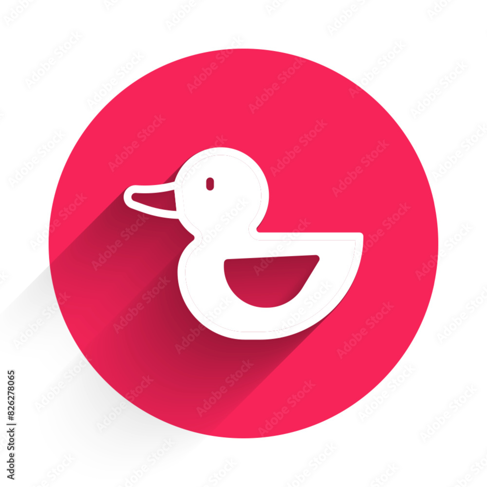 Poster white rubber duck icon isolated with long shadow background. red circle button. vector
