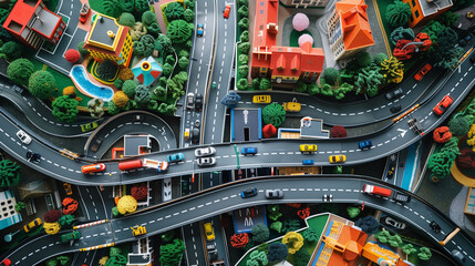 An intricate overhead shot of a colorful play mat designed as a bustling city, complete with toy cars, roads, and detailed buildings, ideal for showcasing imaginative play and urban-themed toys