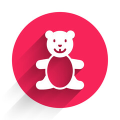 White Teddy bear plush toy icon isolated with long shadow background. Red circle button. Vector