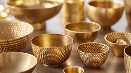 A collection of handcrafted brass bowls showcasing various textures and sizes, meticulously...