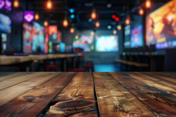 A wooden table in the foreground with a blurred background of a gaming cafÃ©. The background features rows of gaming PCs, comfortable gaming chairs, colorful LED lights, and posters of popular games. 