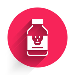 White Poisoned pill icon isolated with long shadow background. Pill with toxin. Dangerous drug. Red circle button. Vector