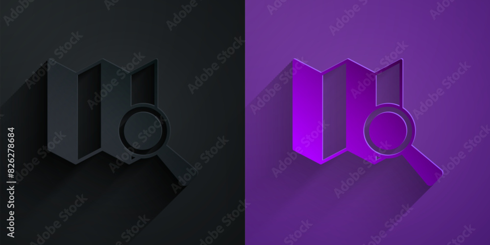 Poster paper cut search location icon isolated on black on purple background. magnifying glass with pointer