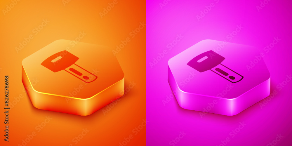 Poster isometric car key with remote icon isolated on orange and pink background. car key and alarm system.
