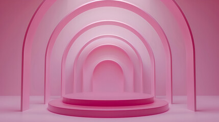 Abstract minimal scene with geometric shapes, pink background, 3d rendering, Pink empty corridor of several round arches in perspective, Abstract minimalistic monochrome scene with geometric shapes

