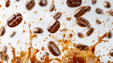 Coffee beans flying with splash on white background, inspiring graphic design creativity