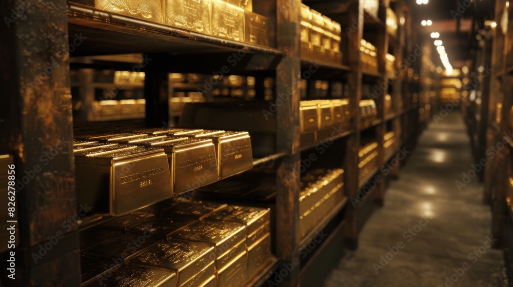 Poster numerous shelves stacked with gleaming gold bars lined up in a row, highlighting the sheer quantity 