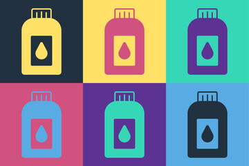 Pop art Canister for motor machine oil icon isolated on color background. Oil gallon. Oil change service and repair. Vector