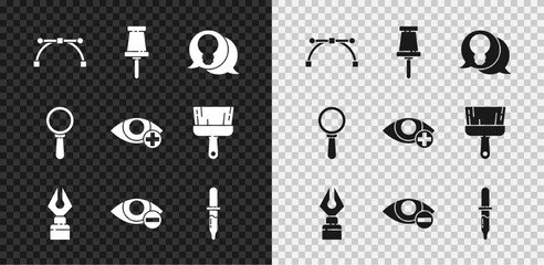 Set Bezier curve, Push pin, Light bulb with concept of idea, Fountain pen nib, Red eye effect, Pipette, Magnifying glass and icon. Vector