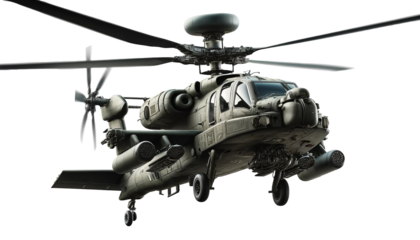 Large military helicopter in flight, isolated on a white background. The helicopter has a rugged and powerful appearance with a camouflage paint job.