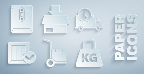 Set Hand truck and boxes, Logistics delivery clock, Wooden with check mark, Weight, Carton cardboard and Envelope icon. Vector
