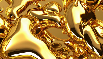 Y2K Melty gold chrome shapes isolated. Spilled liquid metal drops. Futuristic metallic puddles.