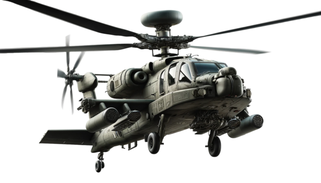 Large military helicopter in flight, isolated on a white background. The helicopter has a rugged and powerful appearance with a camouflage paint job.
