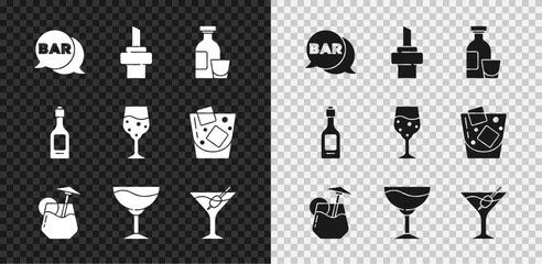 Set Street signboard with Bar, Wooden cork for wine, Alcohol drink Rum, Cocktail, Wine glass, Martini, Champagne bottle and Glass of champagne icon. Vector