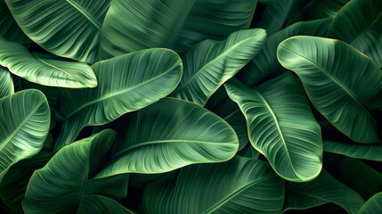 Close-up image of a cluster of tropical banana leaves, arranged in an elegant composition that evokes a sense of lush, verdant beauty.