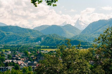 View of the mountains and the city in Salzburg in summer