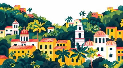 mexican village simple lines, illustration simplistic vector art, on white background