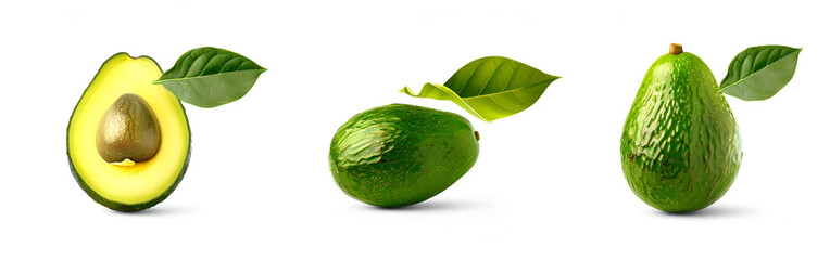 Green ripe avocado fresh ripe and organic isolated on white background 
