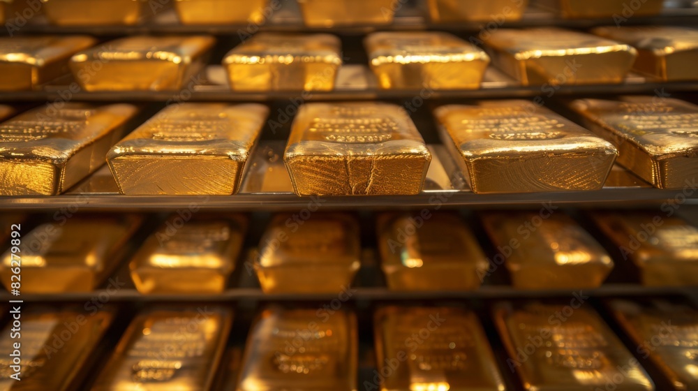 Poster a shelf in a store packed with gleaming gold bars, neatly stacked and ready for purchase.