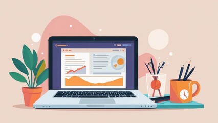 flat illustration of light bulb idea, business themed laptop