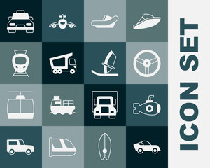 Set Car, Submarine, Steering wheel, Rafting boat, Delivery cargo truck, Tram and railway, Taxi and Windsurfing icon. Vector