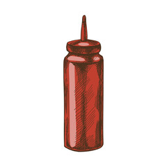 Hand-drawn colored vector sketch of bottle with ketchup. Doodle vintage illustration. Decorations for the menu of cafes and labels. Engraved image.