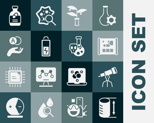 Set Height geometrical figure, Telescope, Graphing paper for engineering, Plant breeding, Battery, Atom, Medicine bottle and pills and Test tube with toxic liquid icon. Vector