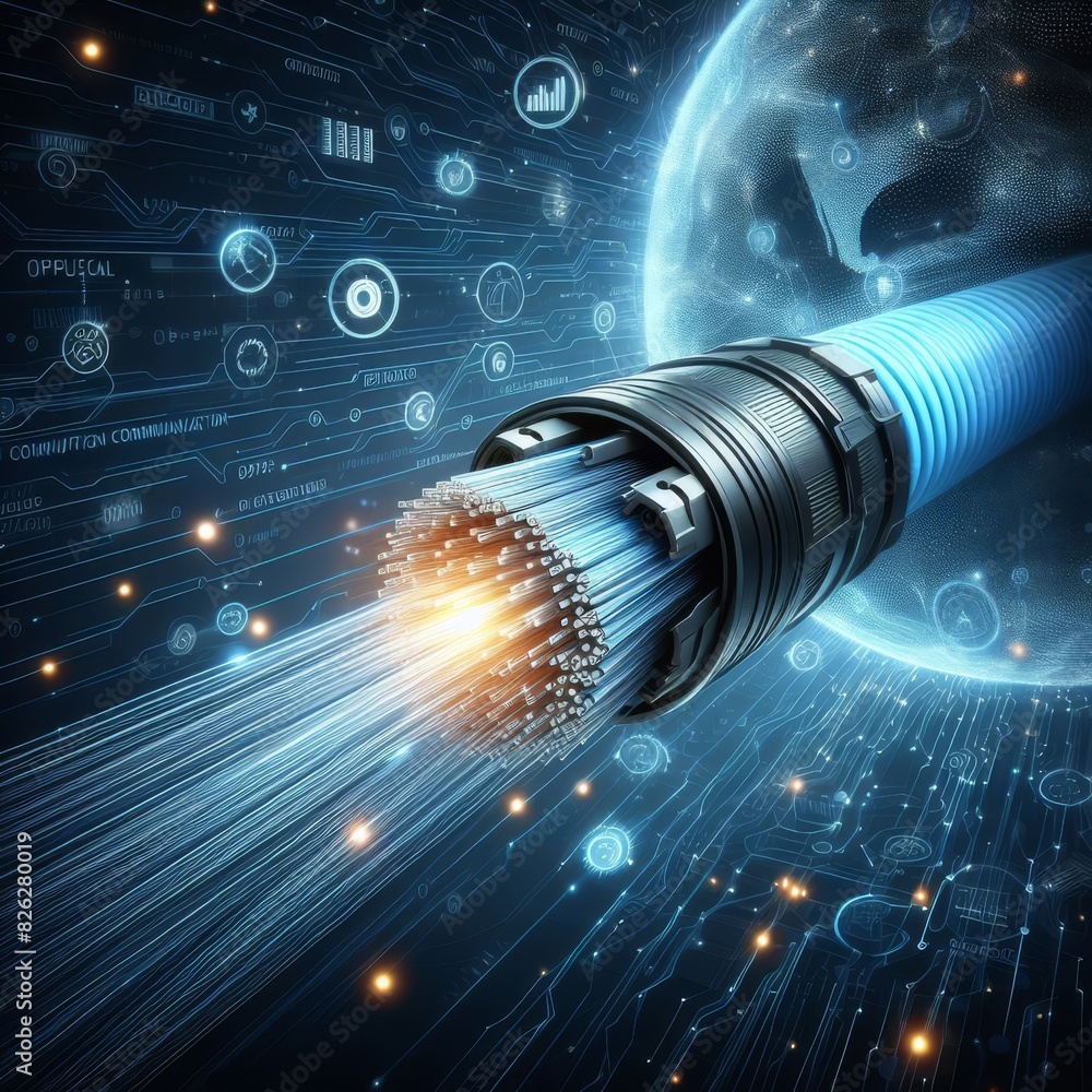 Poster close-up of a blue fiber optic cable connected to a network with digital icons symbolizing various t