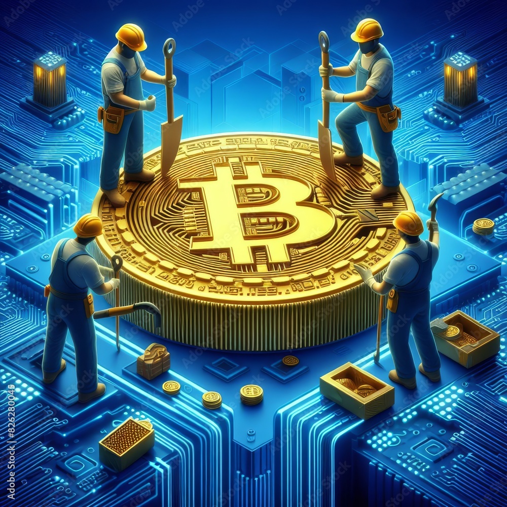 Poster artistic depiction of workers on a giant bitcoin, set on a digital circuit board, symbolizing crypto