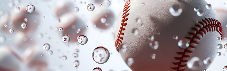 a close up of a white baseball in a water drops sports ball photography isolated on white background