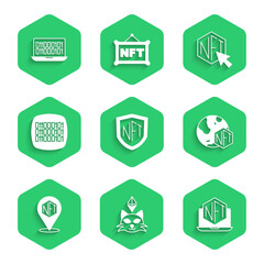 Set NFT shield, Digital crypto art, Laptop with store app, Binary code, and icon. Vector