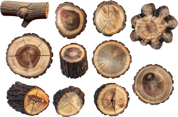 2d set of slice tree trunk isolated on transparent background