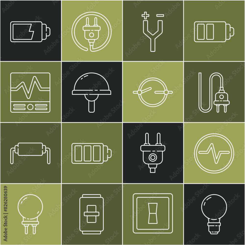 Poster set line light bulb with concept of idea, electric circuit scheme, plug, cable, emitting diode, elec