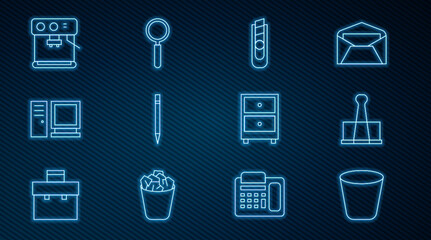 Set line Trash can, Binder clip, Stationery knife, Pencil with eraser, Computer monitor, Coffee machine, Drawer documents and Magnifying glass icon. Vector