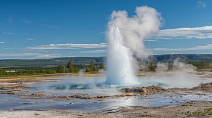 The iconic geyser effect of geothermal energy with hot water spewing high into the air.