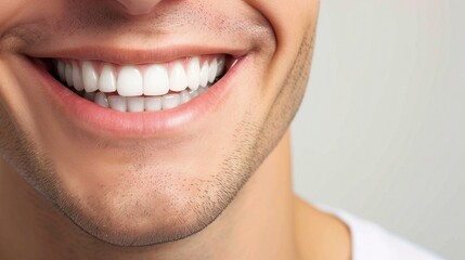Fototapeta premium Detailed image of young man smiling with perfect white teeth