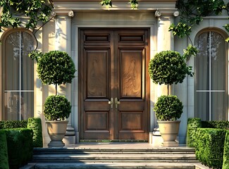 a front door of an elegant home with potted topiary trees on each side