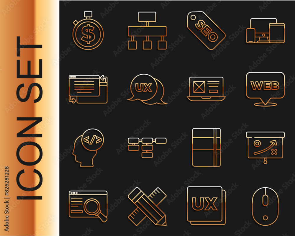 Poster set line computer mouse, planning strategy concept, web and graphic design, seo optimization, ui or 