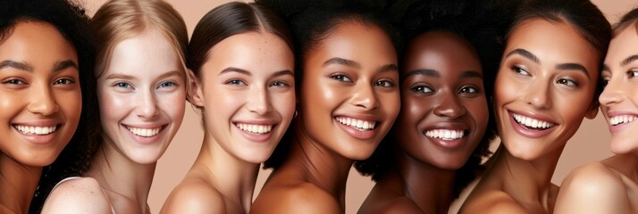 Fototapeta premium Portrait of young multiracial women standing together and smiling at camera