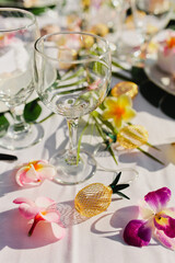 Tropical Glassware with shells, pineapple and glassware