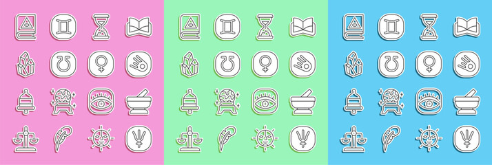 Set line Neptune planet, Mortar and pestle, Comet falling down fast, Old hourglass with sand, Life, Magic stone, Ancient magic book and Venus icon. Vector