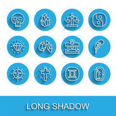 Set line Sun, Christian cross, Skull, Gemini zodiac, Magic runes, stone, Feather pen and Bottle with potion icon. Vector