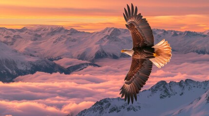 Fototapeta premium A bald eagle flying in sky at sunrise in wild.