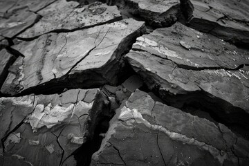 Black and white image capturing the dramatic texture of a parched, cracked soil surface