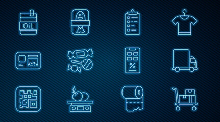 Set line Hand truck and boxes, Delivery cargo, Shopping list, Candy, Identification badge, Bottle of olive oil, Percent discount mobile and Fish plastic tray container icon. Vector